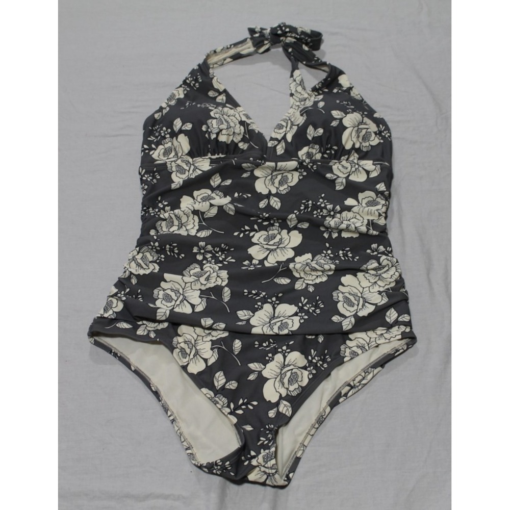 Adore Me Womens Gray Ivory Floral Halter One Piece Swimsuit Ruched 1X ADM05